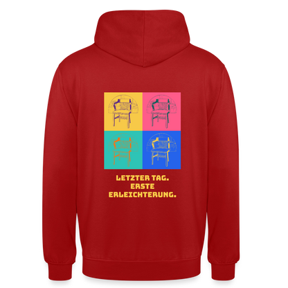 "Letzter Tag. Erste Erleichterung. Popart-Motiv" Motiv-Hoodie unisex, Farbe Rot