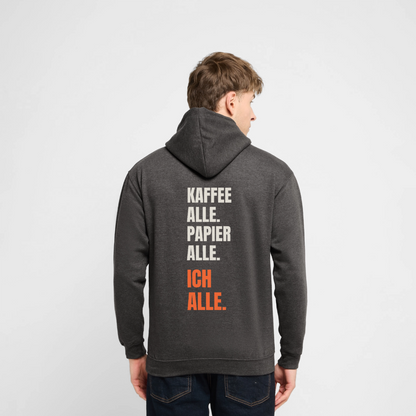 "Kaffee alle. Papier alle. Ich alle." Motiv-Hoodie unisex, Farbe Anthrazit, Model