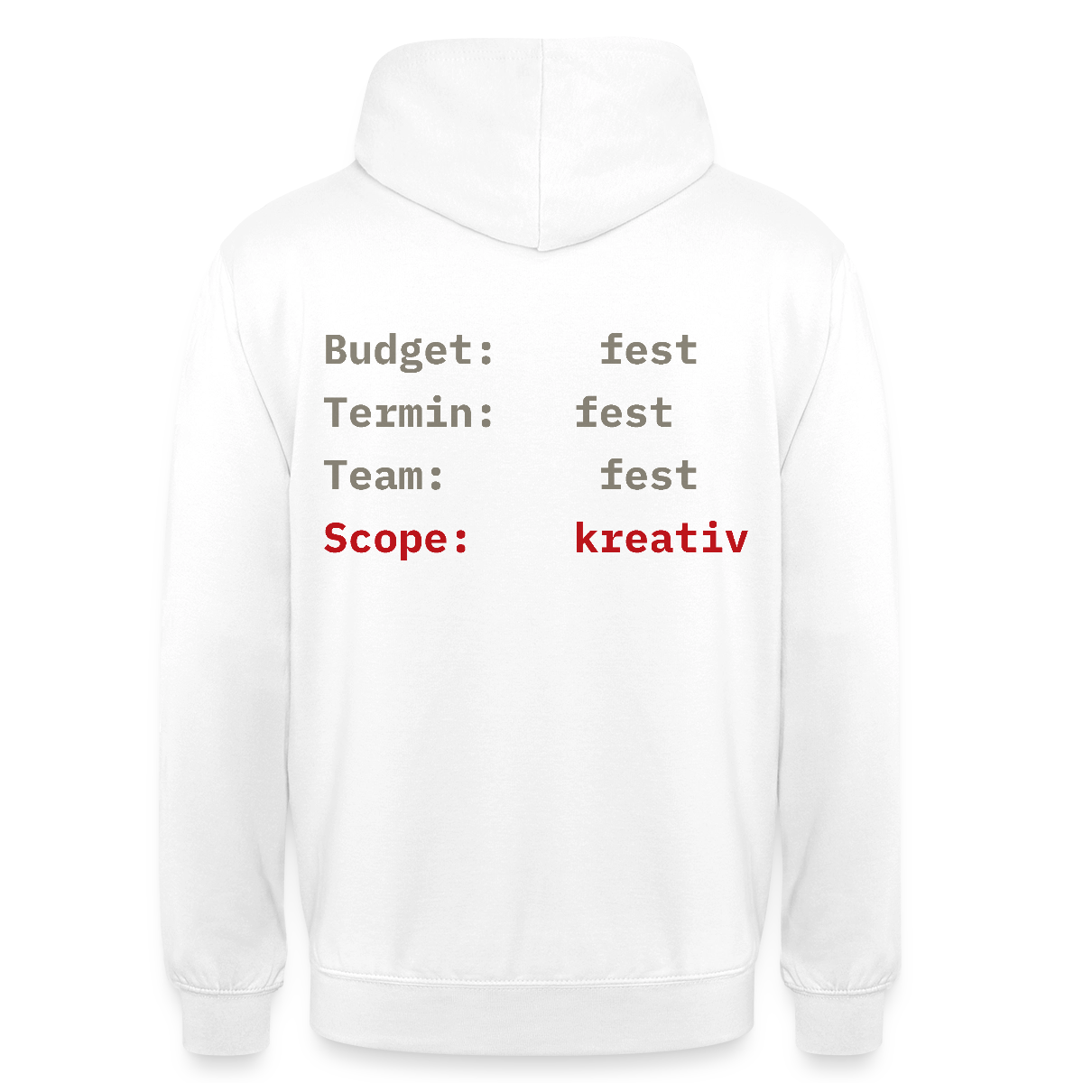 Budget: fest. Termin: fest. Team: fest. Scope: kreativ. Motiv-Hoodie unisex, Farbe Weiß