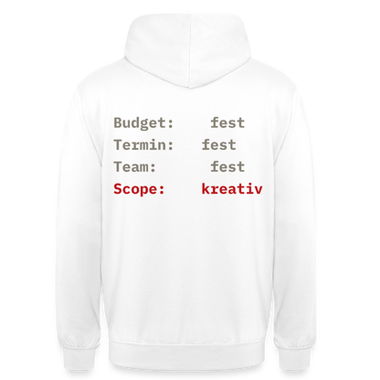 Budget: fest. Termin: fest. Team: fest. Scope: kreativ. Motiv-Hoodie unisex, Farbe Weiß