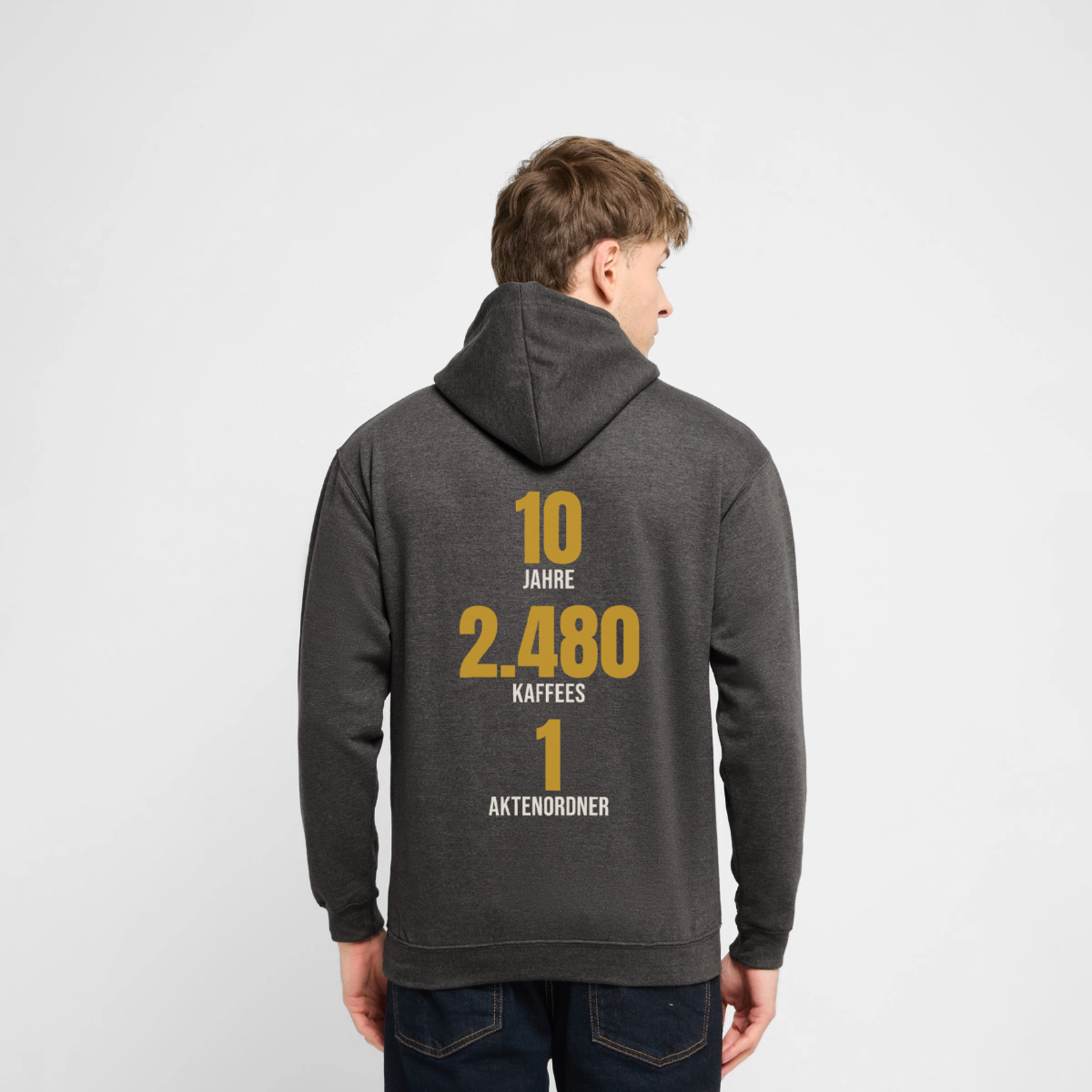 "10 Jahre, 2.480 Kaffees, 1 Aktenordner" Motiv-Hoodie unisex, Farbe Anthrazit