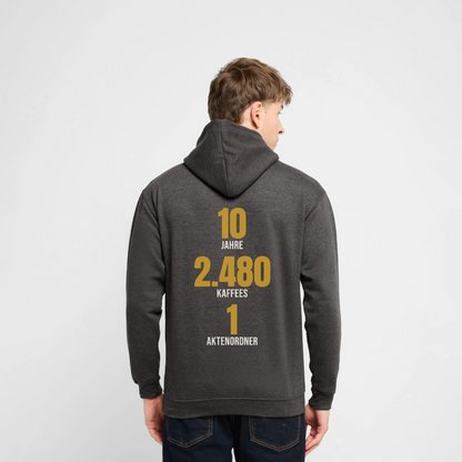 "10 Jahre, 2.480 Kaffees, 1 Aktenordner" Motiv-Hoodie unisex, Farbe Anthrazit