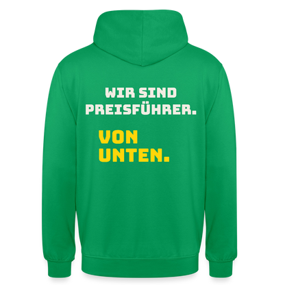 "Wir sind Preisführer. Von unten." Motiv-Hoodie unisex, Farbe Kelly Green