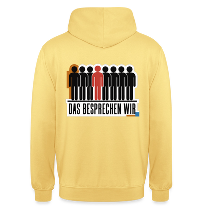 "Das besprechen wir. Isotype-Motiv" Motiv-Hoodie unisex, Farbe Zitronengelb