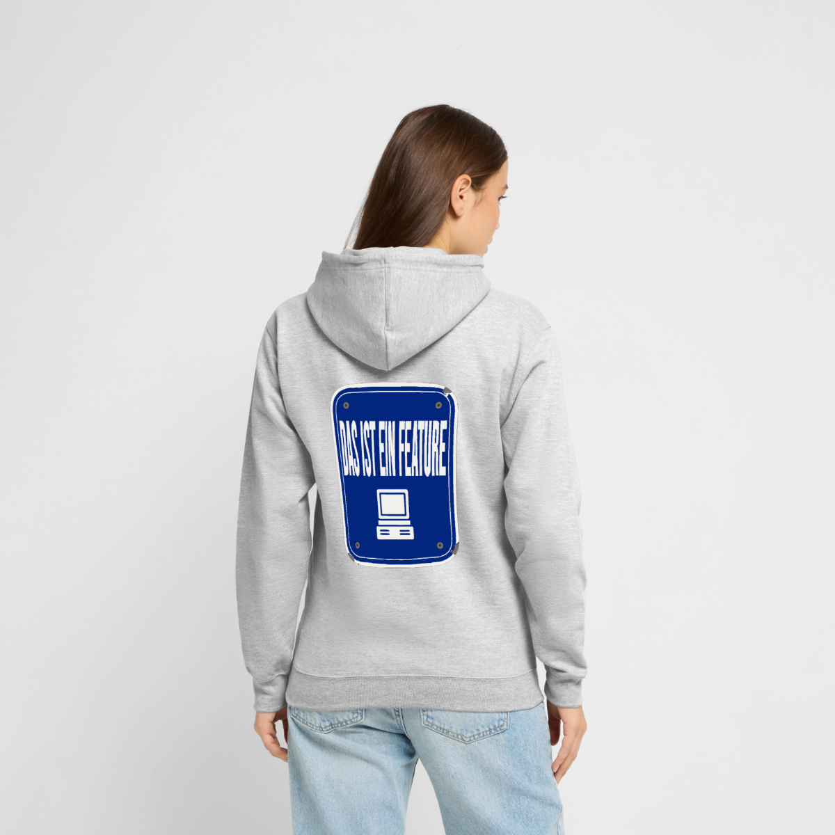 Das ist ein Feature. Emailschild-Motiv Motiv-Hoodie unisex, Farbe Hellgrau meliert, Model