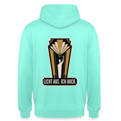 "Licht aus. Ich auch. Art-déco-Motiv" Motiv-Hoodie unisex, Farbe Mint