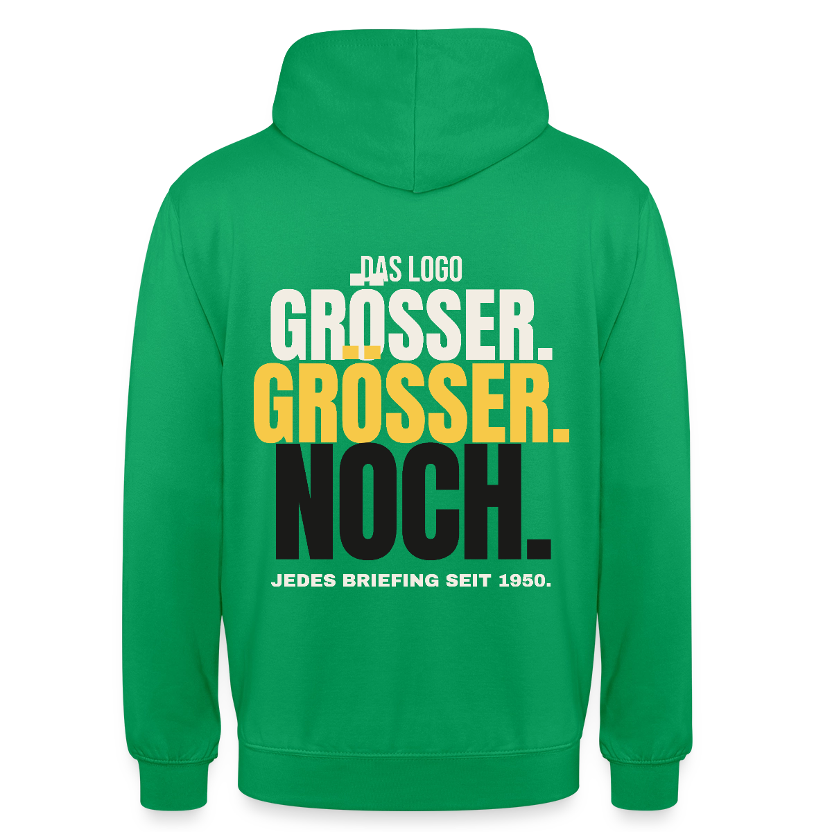 Das Logo größer. Größer. Noch. Jedes Briefing seit 1950. Motiv-Hoodie unisex, Farbe Kelly Green