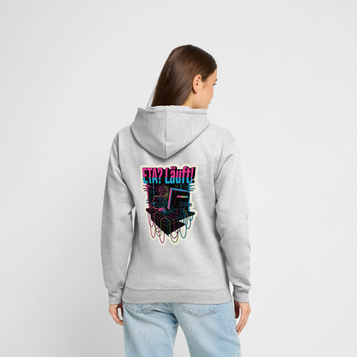 "ETA? Läuft! Cyberpunk-Motiv" Motiv-Hoodie unisex, Farbe Hellgrau meliert