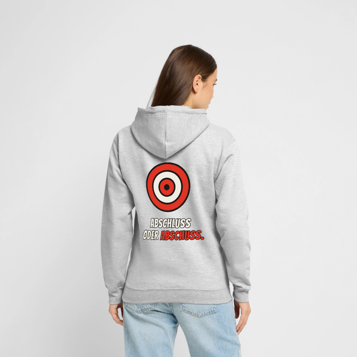 Abschluss oder Abschuss. Motiv-Hoodie unisex, Farbe Hellgrau meliert, Model
