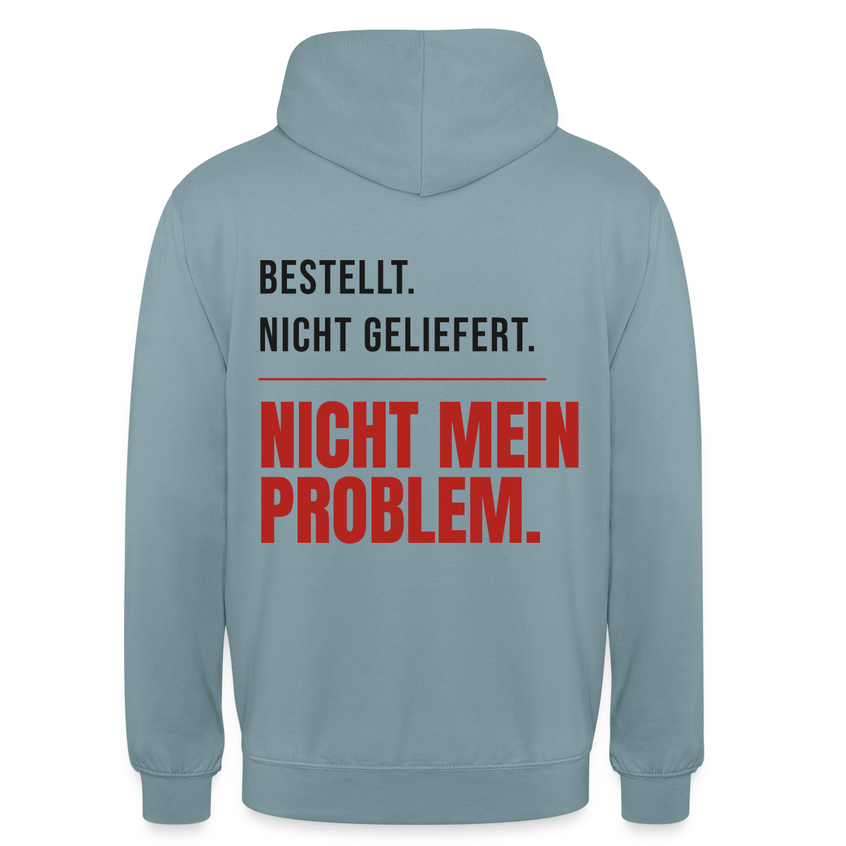 "Bestellt. Nicht geliefert. Nicht mein Problem." Motiv-Hoodie unisex, Farbe Nebelblau