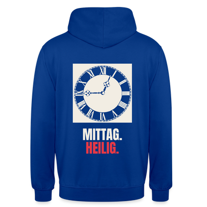 "Mittag. Heilig." Motiv-Hoodie unisex, Farbe Royalblau