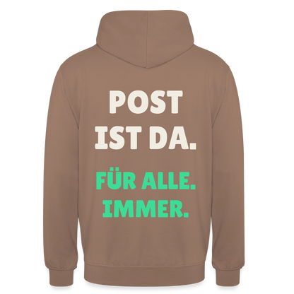 Post ist da. Für alle. Immer. Motiv-Hoodie unisex, Farbe Mokka