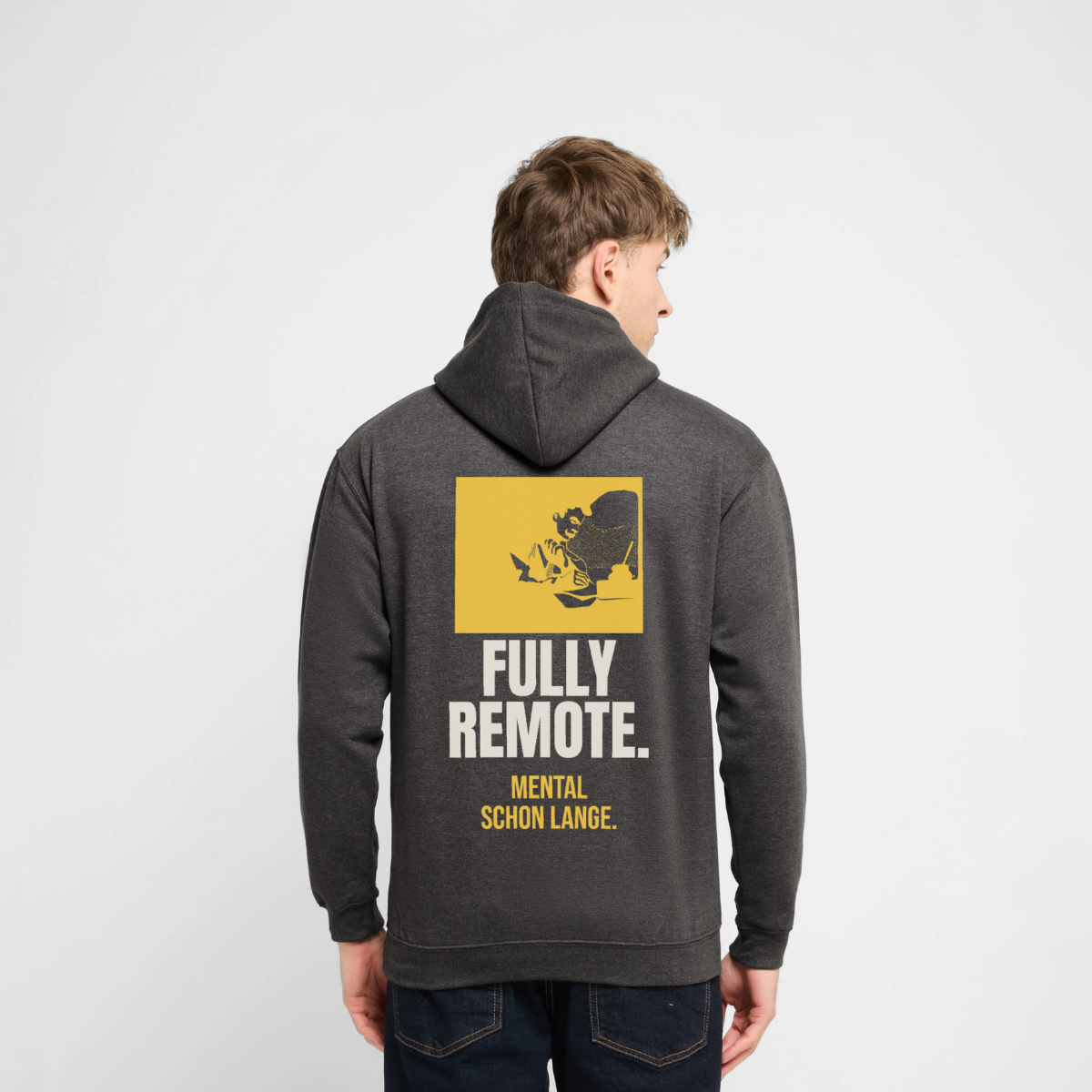 "Fully remote" Motiv-Hoodie unisex, Farbe Anthrazit, Model