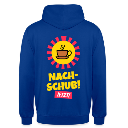 "Nachschub! Jetzt!" Motiv-Hoodie unisex, Farbe Royalblau