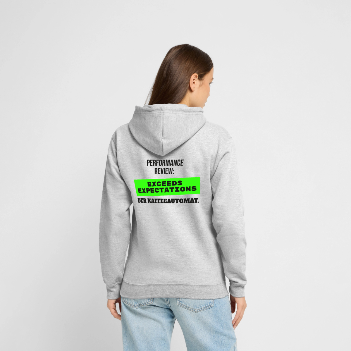 Performance Review: Exceeds Expectations. Der Kaffeeautomat. Motiv-Hoodie unisex, Farbe Hellgrau meliert, Model