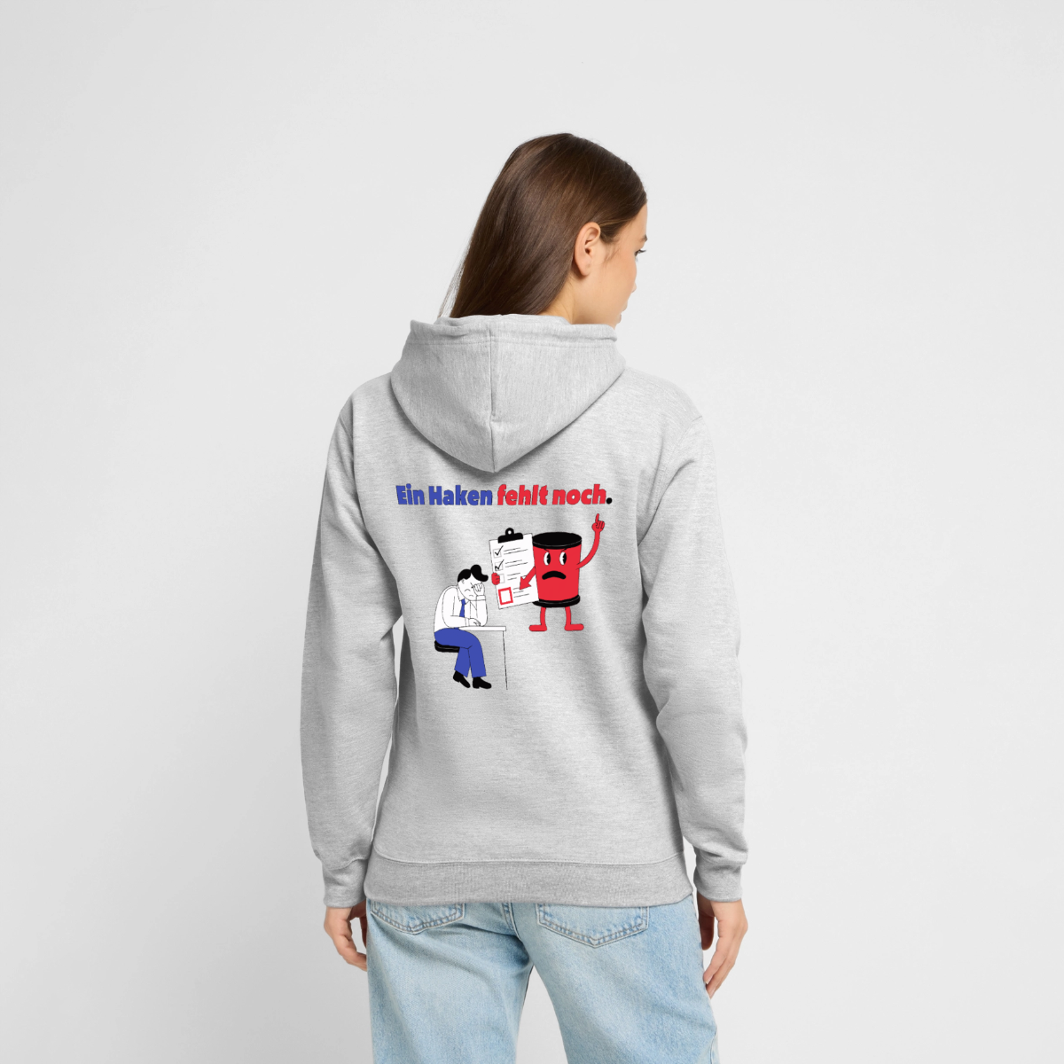 "Ein Haken fehlt noch. Comic-Motiv" Motiv-Hoodie unisex, Farbe Hellgrau meliert