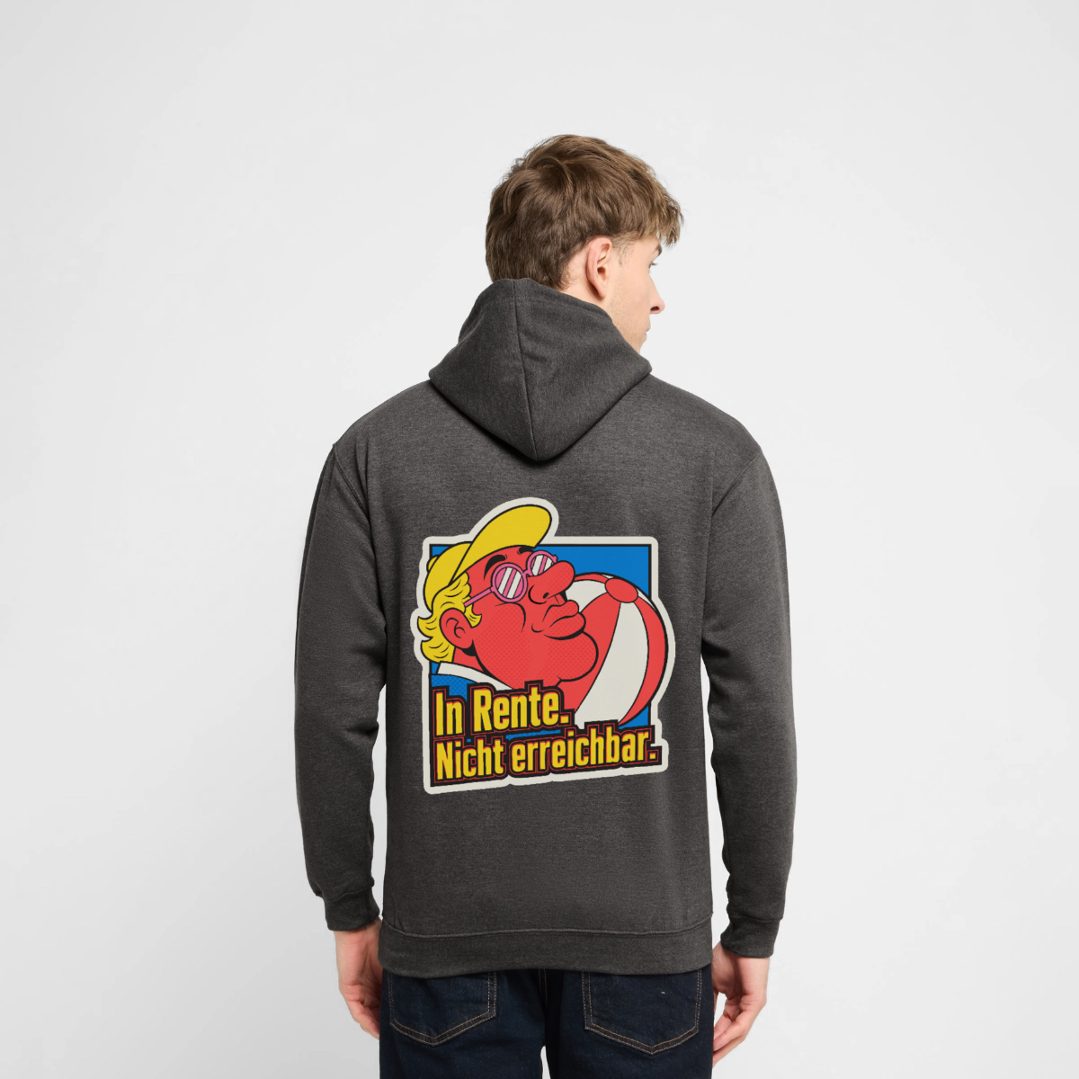 "In Rente. Nicht erreichbar. Popart-Motiv" Motiv-Hoodie unisex, Farbe Anthrazit, Model