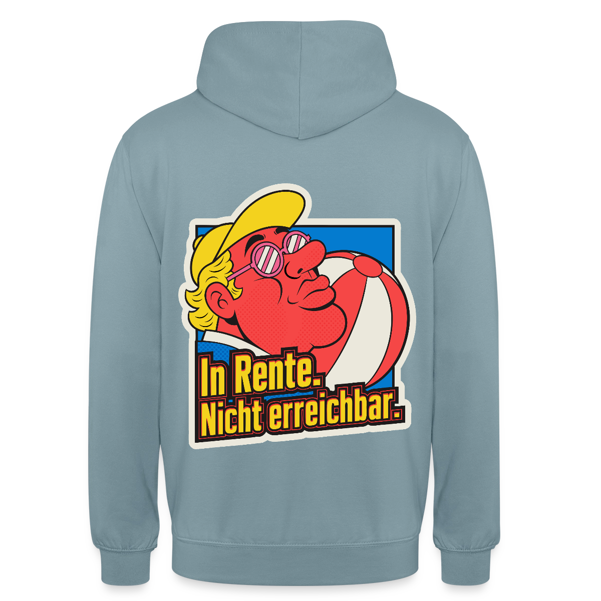 "In Rente. Nicht erreichbar. Popart-Motiv" Motiv-Hoodie unisex, Farbe Nebelblau