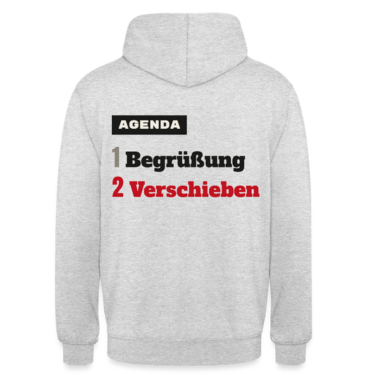 Agenda: 1 Begrüßung, 2 Verschieben Motiv-Hoodie unisex, Farbe Hellgrau meliert