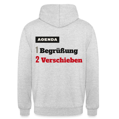 Agenda: 1 Begrüßung, 2 Verschieben Motiv-Hoodie unisex, Farbe Hellgrau meliert