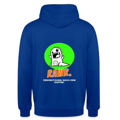 "Rawr. Übersetzung: nach dem Kaffee. Sticker-Motiv" Motiv-Hoodie unisex, Farbe Royalblau