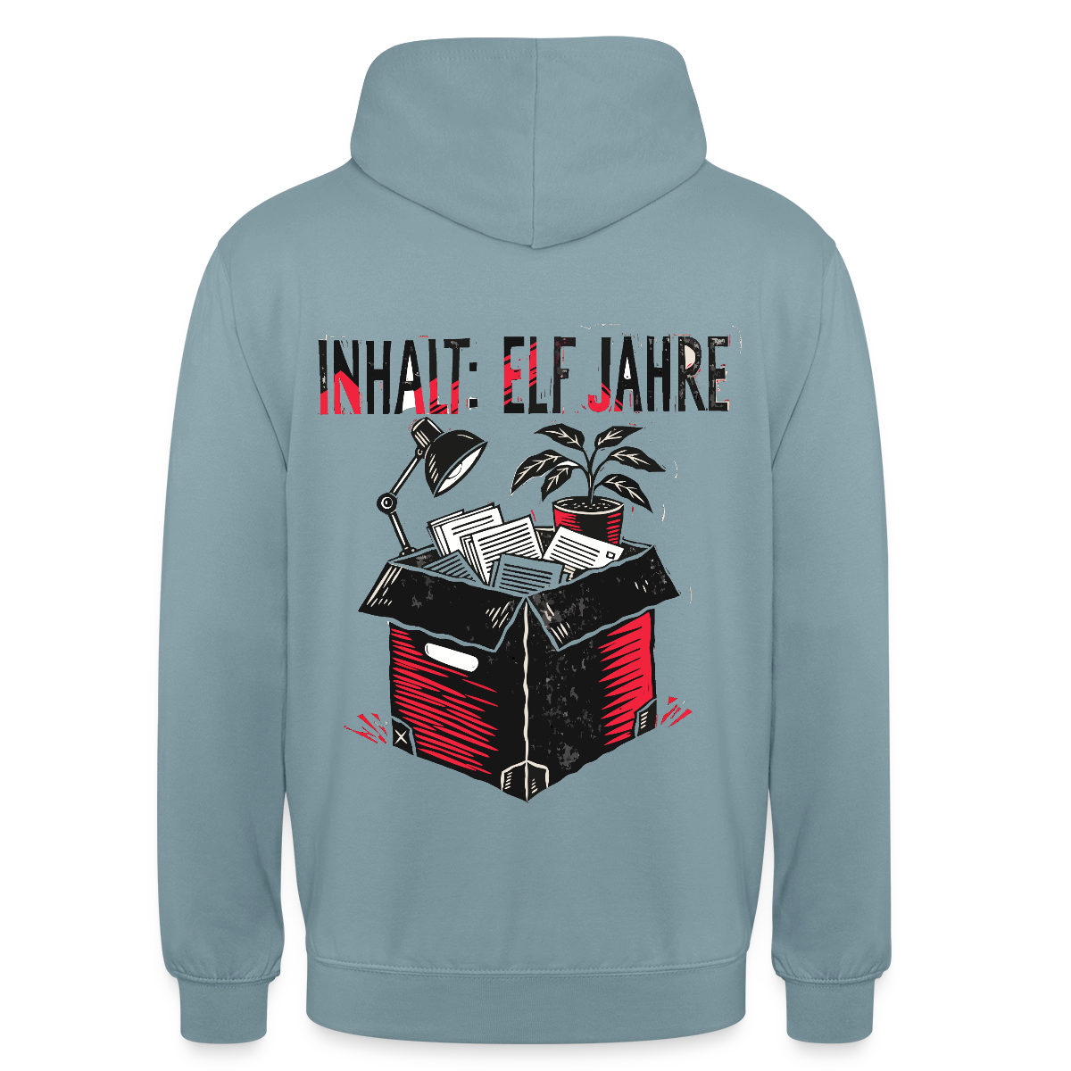 "Inhalt: elf Jahre. Linolschnitt-Motiv" Motiv-Hoodie unisex, Farbe Nebelblau