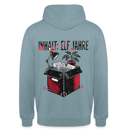 "Inhalt: elf Jahre. Linolschnitt-Motiv" Motiv-Hoodie unisex, Farbe Nebelblau