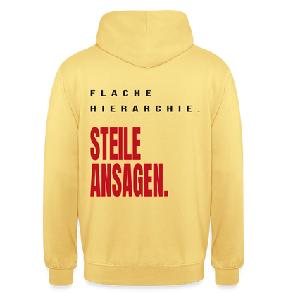 "Flache Hierarchie. Steile Ansagen." Motiv-Hoodie unisex, Farbe Zitronengelb