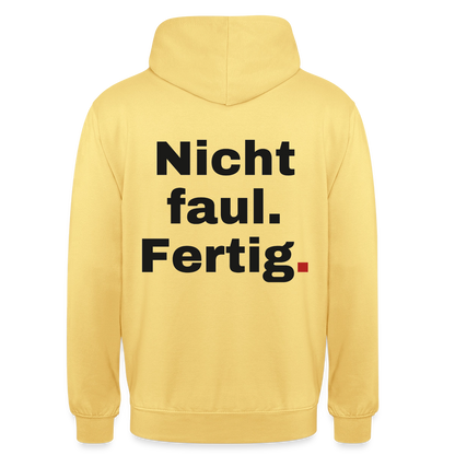 "Nicht faul. Fertig." Motiv-Hoodie unisex, Farbe Zitronengelb