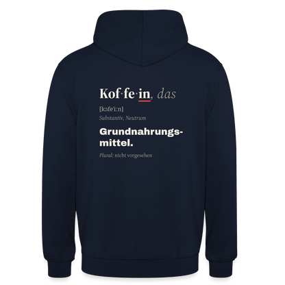"Koffein, das: Grundnahrungsmittel." Motiv-Hoodie unisex, Farbe Navy