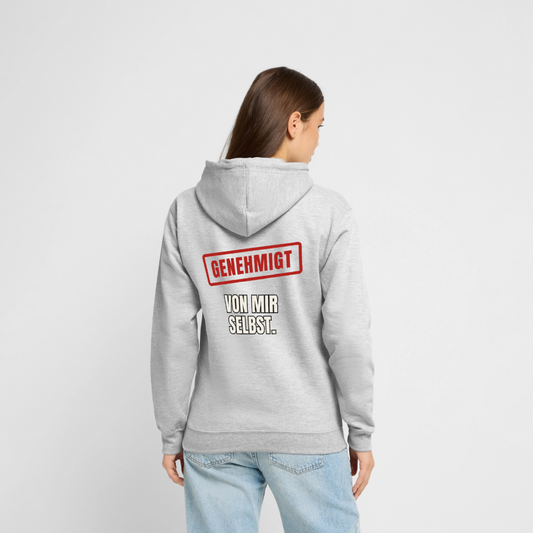 "Genehmigt. Von mir selbst." Motiv-Hoodie unisex, Farbe Hellgrau meliert