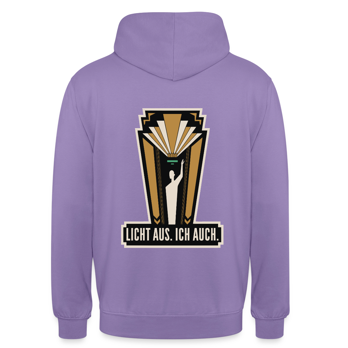 "Licht aus. Ich auch. Art-déco-Motiv" Motiv-Hoodie unisex, Farbe Lavendel