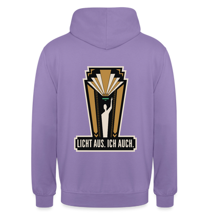 "Licht aus. Ich auch. Art-déco-Motiv" Motiv-Hoodie unisex, Farbe Lavendel