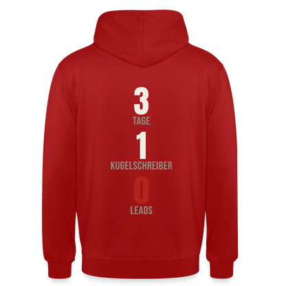 3 Tage. 1 Kugelschreiber. 0 Leads. Motiv-Hoodie unisex, Farbe Rot