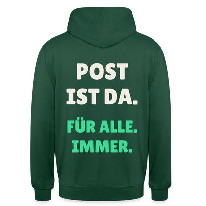 Post ist da. Für alle. Immer. Motiv-Hoodie unisex, Farbe Flaschengrün