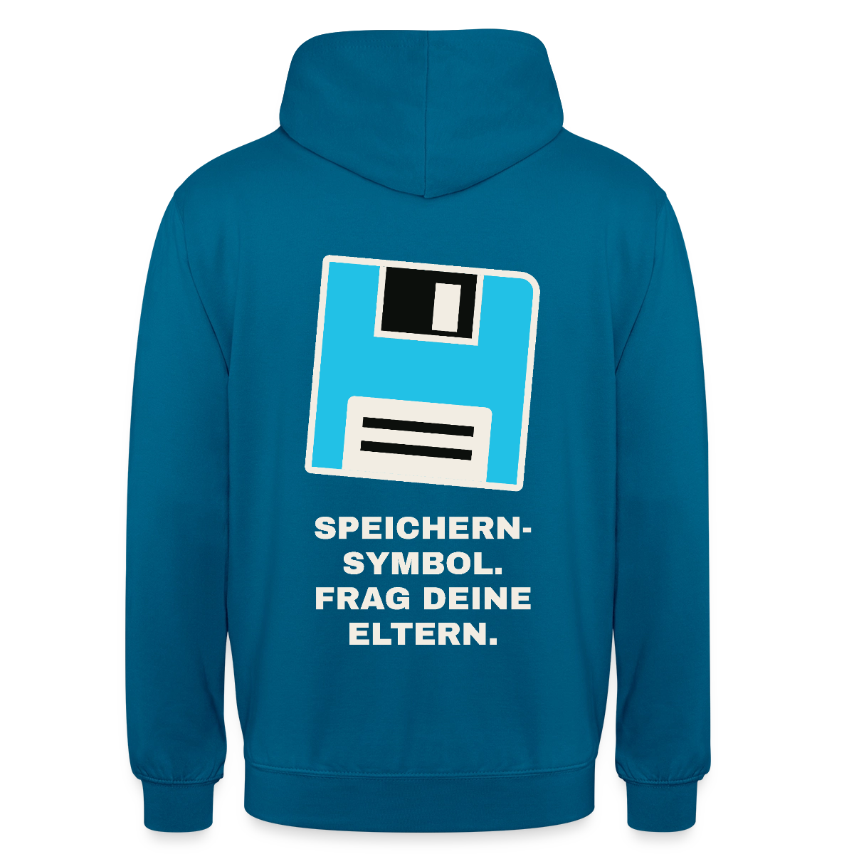 Speichern-Symbol. Frag deine Eltern. Motiv-Hoodie unisex, Farbe Tiefseeblau