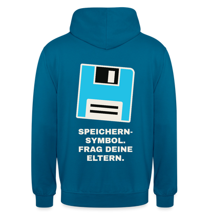 Speichern-Symbol. Frag deine Eltern. Motiv-Hoodie unisex, Farbe Tiefseeblau