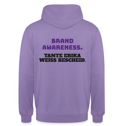 Brand Awareness. Tante Erika weiß Bescheid. Motiv-Hoodie unisex, Farbe Lavendel