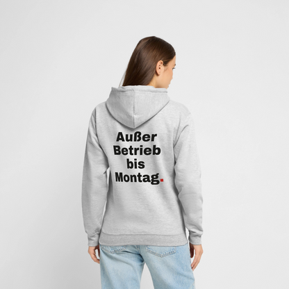 "Außer Betrieb bis Montag." Motiv-Hoodie unisex, Farbe Hellgrau meliert, Model