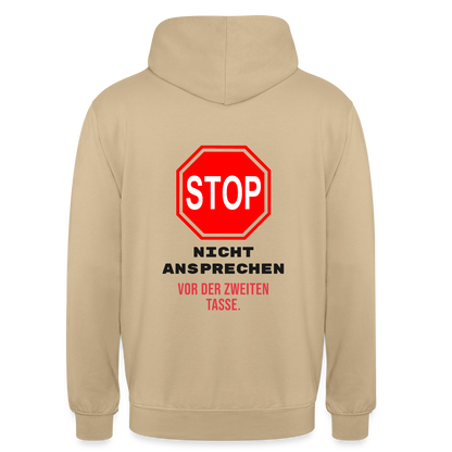 "Nicht ansprechen vor der zweiten Tasse." Motiv-Hoodie unisex, Farbe Beige