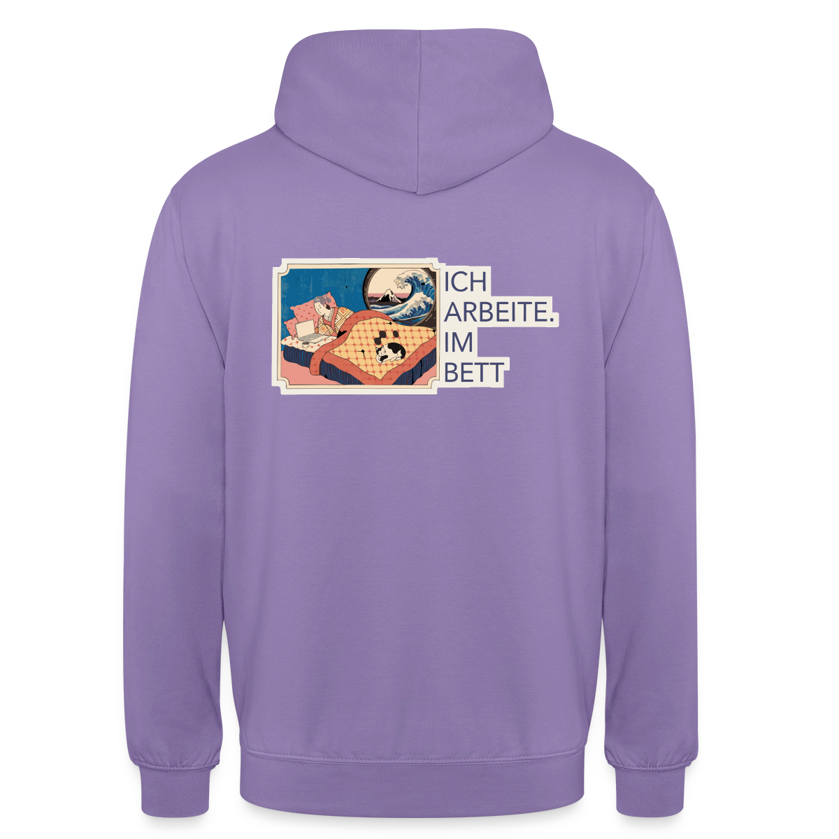 Ich arbeite. Im Bett. Motiv-Hoodie unisex, Farbe Lavendel