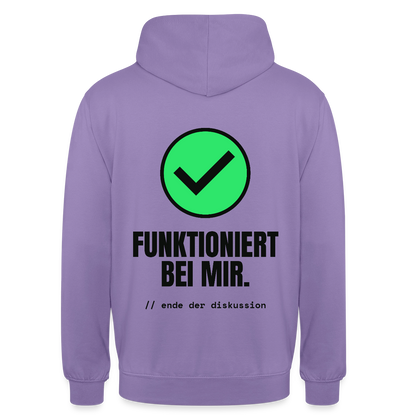 Funktioniert bei mir. Ende der Diskussion. Motiv-Hoodie unisex, Farbe Lavendel