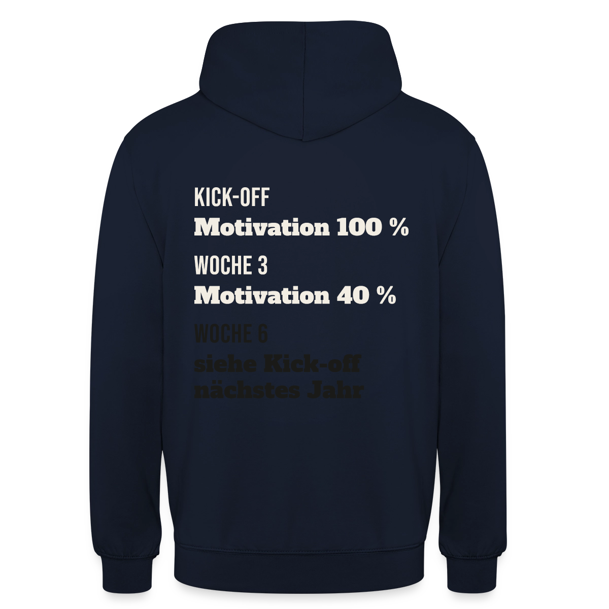 "Kick-off: Motivation 100 %. Woche 3: 40 %. Woche 6: siehe Kick-off nächstes Jahr" Motiv-Hoodie unisex, Farbe Navy