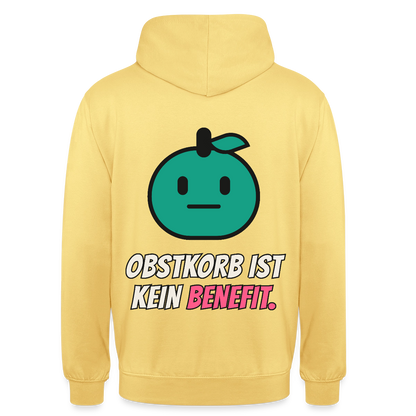 Obstkorb ist kein Benefit. Motiv-Hoodie unisex, Farbe Zitronengelb
