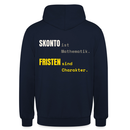 "Skonto ist Mathematik. Fristen sind Charakter." Motiv-Hoodie unisex, Farbe Navy