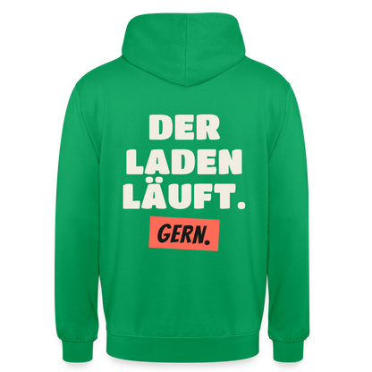 Der Laden läuft. Gern. Motiv-Hoodie unisex, Farbe Kelly Green