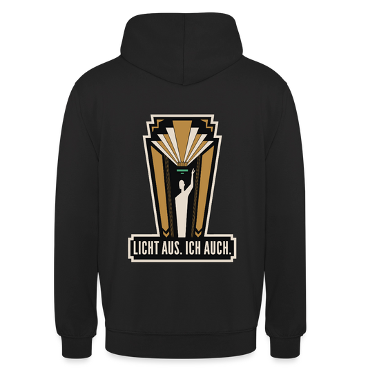 Licht aus. Ich auch. Art-déco-Motiv Motiv-Hoodie unisex, Farbe Schwarz