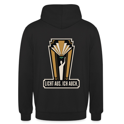 Licht aus. Ich auch. Art-déco-Motiv Motiv-Hoodie unisex, Farbe Schwarz