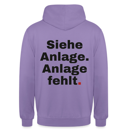 "Siehe Anlage. Anlage fehlt." Motiv-Hoodie unisex, Farbe Lavendel
