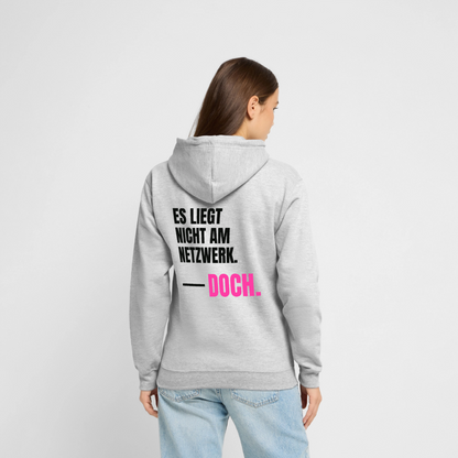 Es liegt nicht am Netzwerk. Doch. Motiv-Hoodie unisex, Farbe Hellgrau meliert, Model